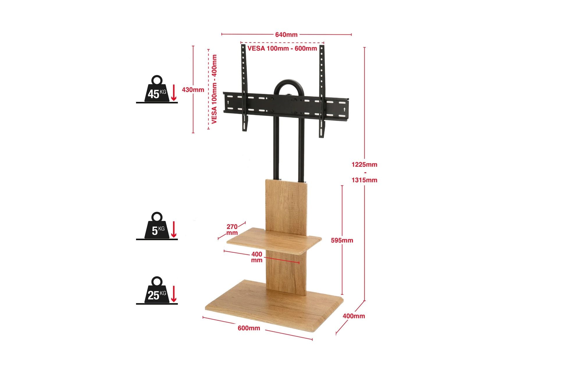 TTAP FS2 Floor Pedestal TV Stand for 32 to 65 Inches TVs Oak