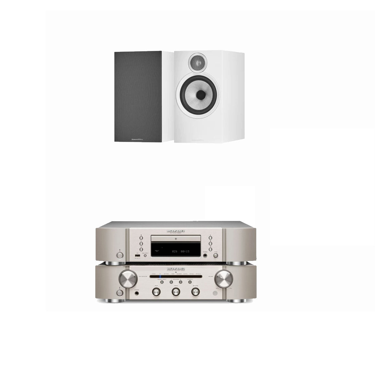 Marantz PM6007 Integrated Amp & CD6007 CD Player Silver with Bowers & Wilkins 607 S3 Speakers White