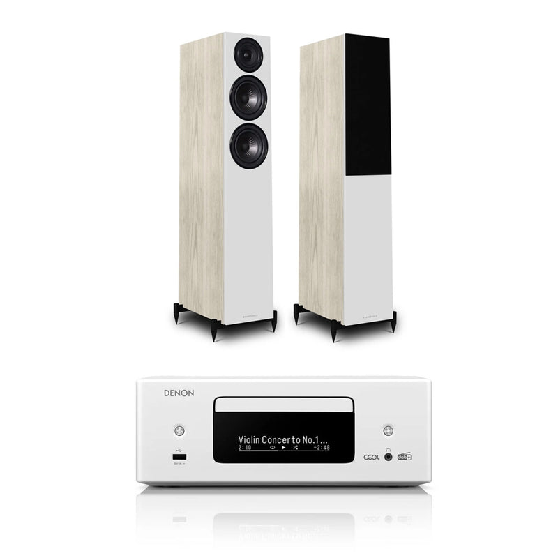 Denon RCD-N12DAB DAB+ All-In-One System White & Wharfedale Diamond 12.3 Floorstanding Speaker (Pair) Light Oak