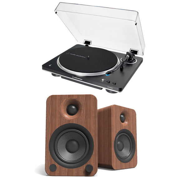 Audio Technica AT-LP70XBT Fully Automatic Bluetooth Wireless Turntable Black with Kanto YU4 140W Powered Bookshelf Speakers Walnut HiFi Package