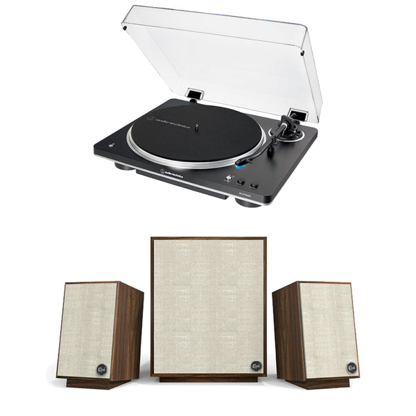 Audio Technica AT-LP70XBT Fully Automatic Bluetooth Wireless Turntable Black with Klipsch Heritage ProMedia 2.1 Bluetooth Speaker System Walnut HiFi Package