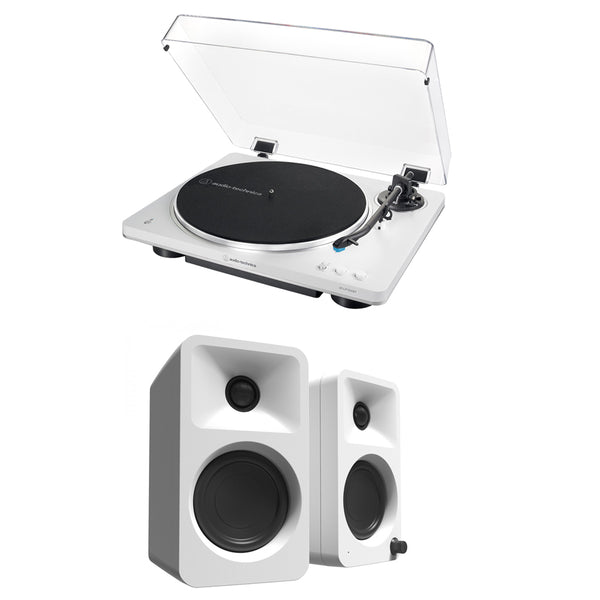 Audio Technica AT-LP70XBT Fully Automatic Bluetooth Wireless Turntable with Kanto ORA 100W Powered Reference Speakers HiFi Package White