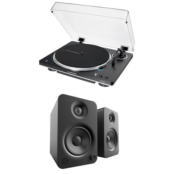 Audio Technica AT-LP70XBT Fully Automatic Bluetooth Wireless Turntable with Kanto YU4 140W Powered Bookshelf Speakers HiFi Package Black