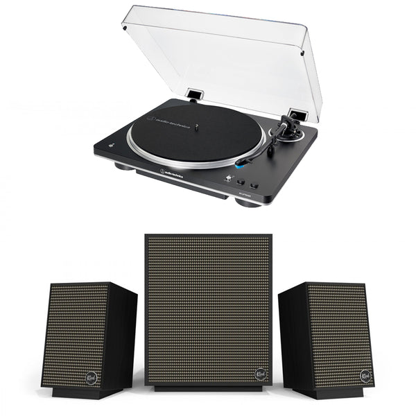 Audio Technica AT-LP70XBT Fully Automatic Bluetooth Wireless Turntable with Klipsch Heritage ProMedia 2.1 Bluetooth Speaker System HiFi Package Black