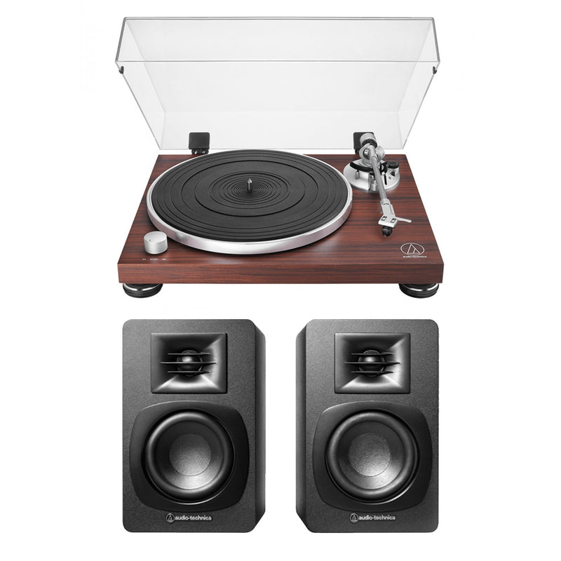 Audio Technica AT-LPW50BTRW Manual Wireless Belt-Drive Turntable with AT-SP3X Powered Bookshelf Speakers HiFi Package