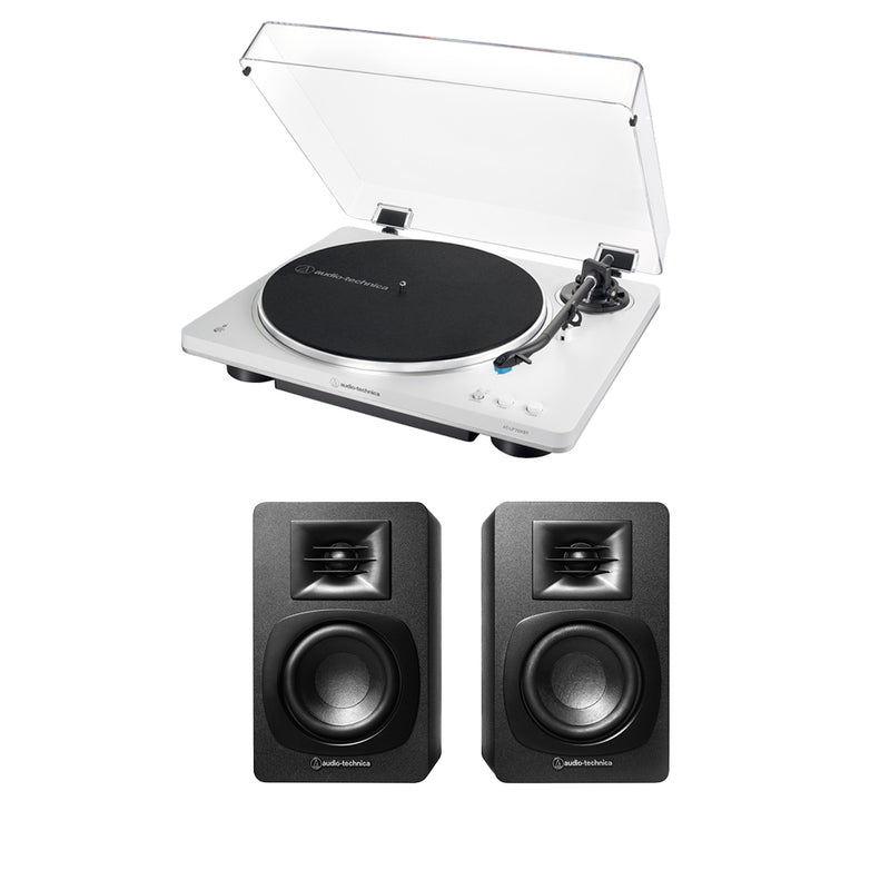 Audio Technica AT-LP70XBT Fully Automatic Bluetooth Wireless Turntable White with AT-SP3X Powered Bookshelf Speakers HiFi Package