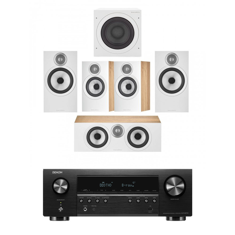 Denon AVRS670H 5.2 Ch 8K AV Receiver with Bowers and Wilkins 606 and 607 S3 5.1 Surround Sound Speaker Package Oak