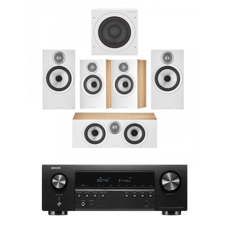 Denon AVRS670H 5.2 Ch 8K AV Receiver with Bowers and Wilkins 606 and 607 S3 5.1 Surround Sound Speaker Package Oak