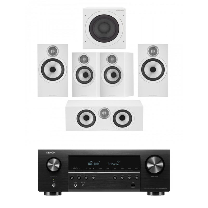 Denon AVRS670H 5.2 Ch 8K AV Receiver with Bowers and Wilkins 606 and 607 S3 5.1 Surround Sound Speaker Package White