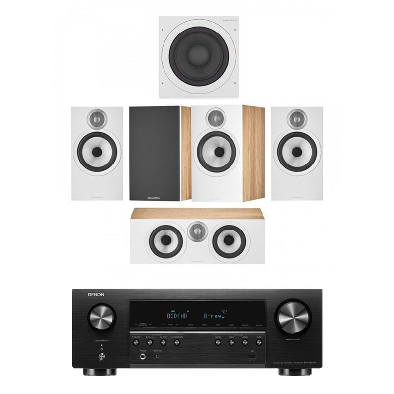 Denon AVRS670H 5.2 Ch 8K AV Receiver with Bowers and Wilkins 606 S3 5.1 Surround Sound Speaker Package Oak