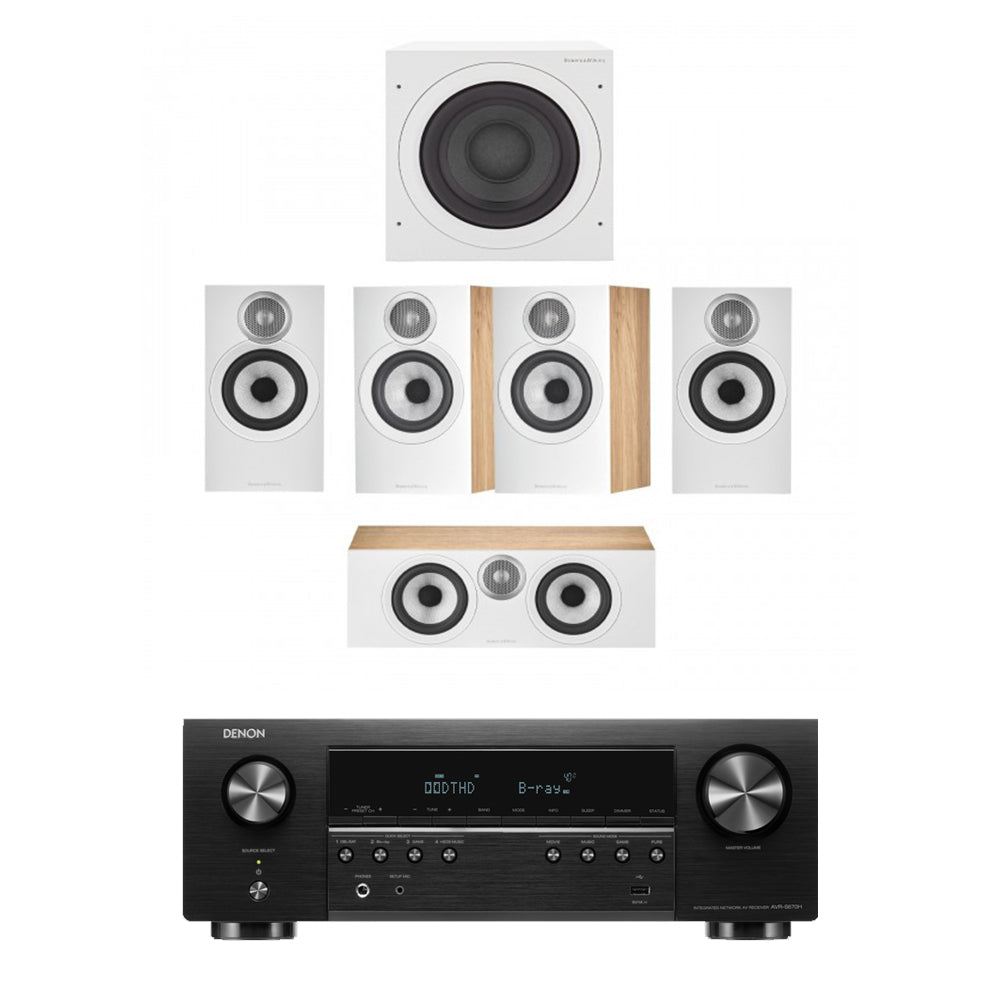 Denon AVRS670H 5.2 Ch 8K AV Receiver with Bowers and Wilkins 607 S3 5.1 Surround Sound Speaker Package Oak