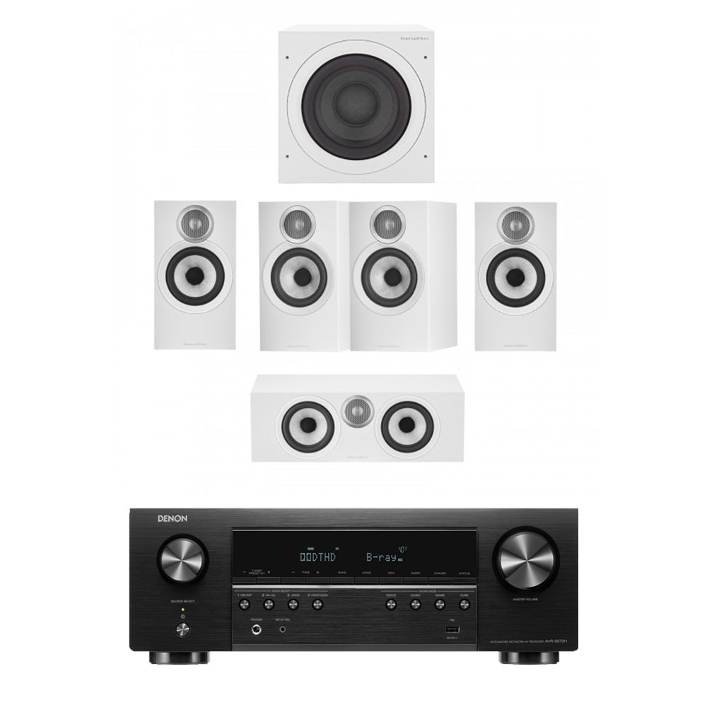 Denon AVRS670H 5.2 Ch 8K AV Receiver with Bowers and Wilkins 607 S3 5.1 Surround Sound Speaker Package White