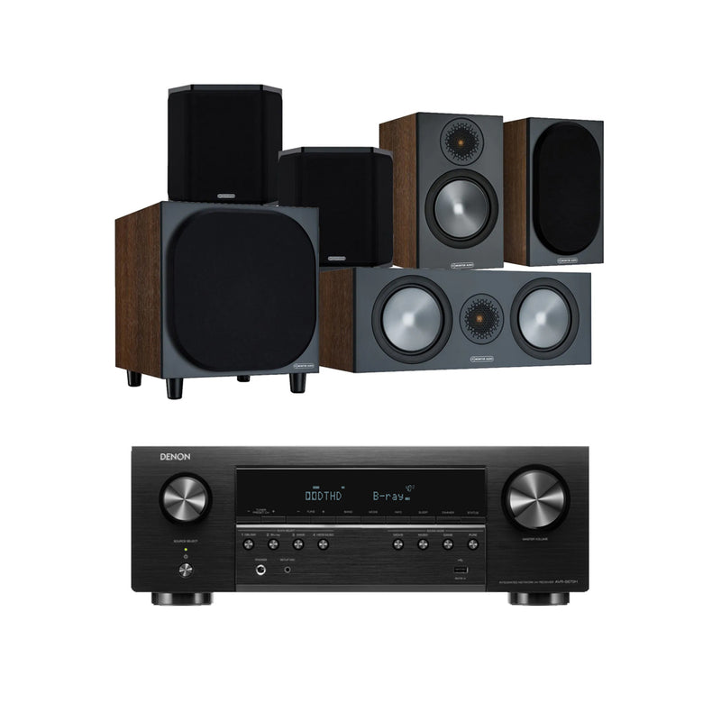 Denon AVRS670H 5.2 Ch 8K AV Receiver with Monitor Audio Bronze 50 AV 5.1 Speaker Package Walnut