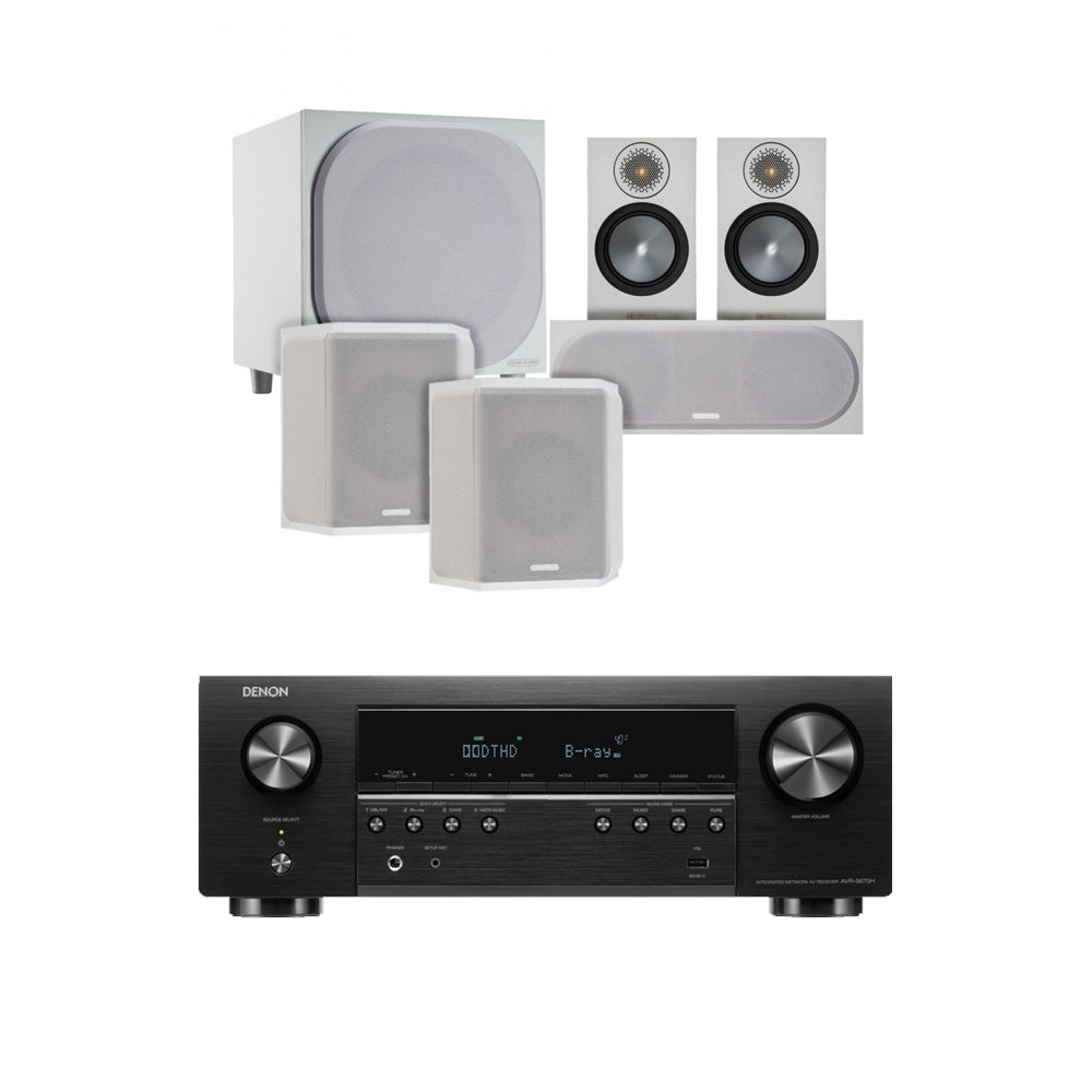 Denon AVRS670H 5.2 Ch 8K AV Receiver with Monitor Audio Bronze 50 AV 5.1 Speaker Package White