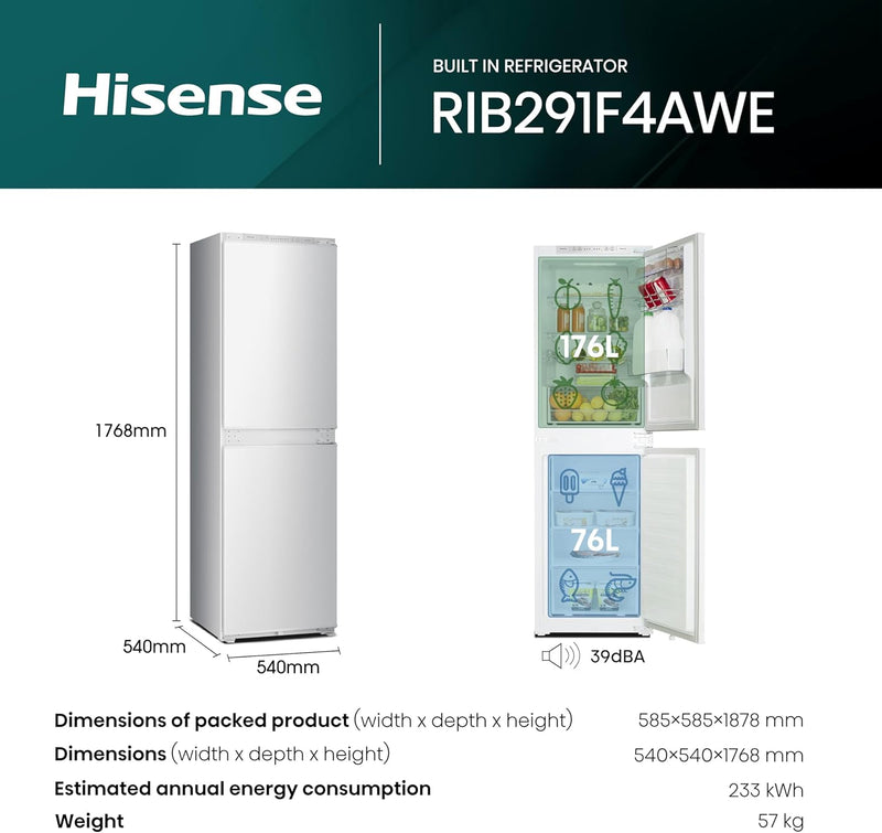 Hisense RIB291F4AWE 177cm High Integrated Frost Free Fridge Freezer White