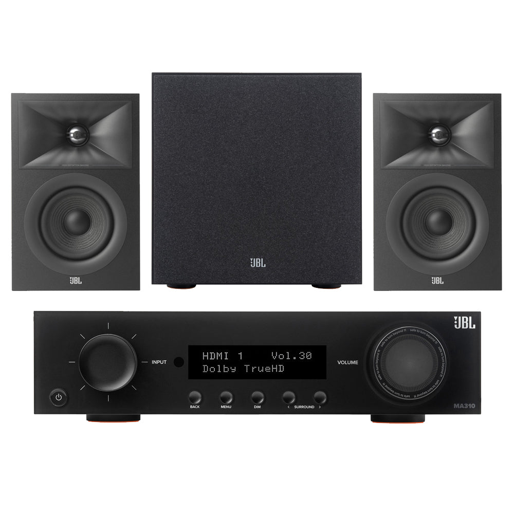 JBL MA310 5.2ch 4K AV Receiver with Stage 240B 2.1 Speaker Package Black