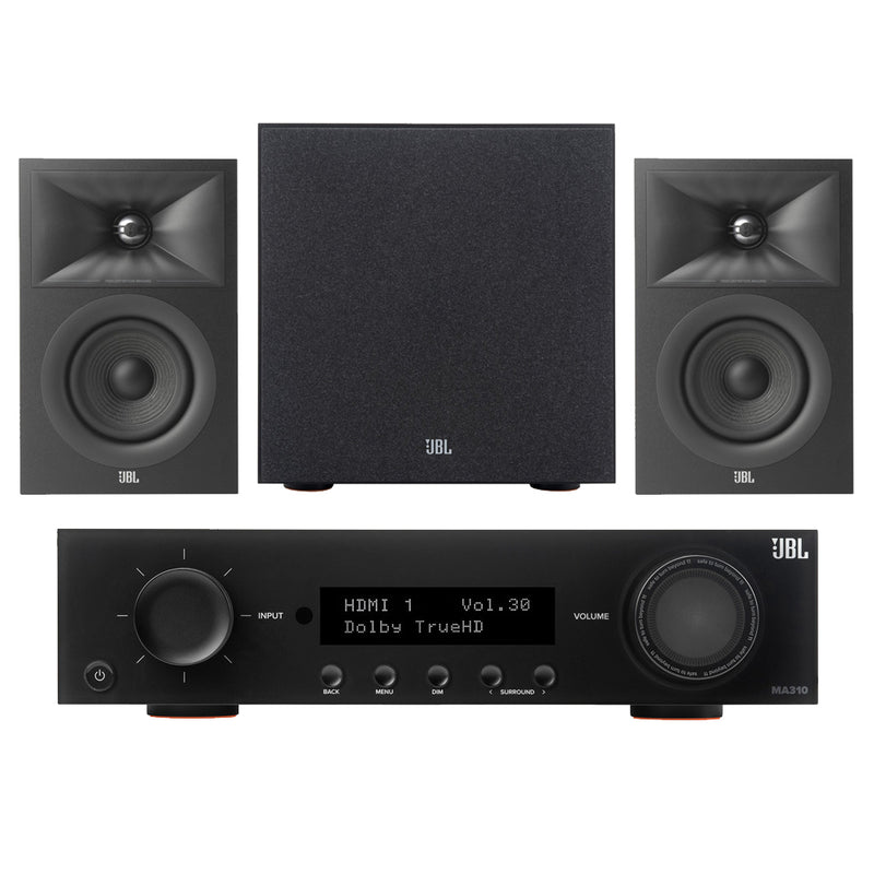 JBL MA310 5.2ch 4K AV Receiver with Stage 240B 2.1 Speaker Package Black