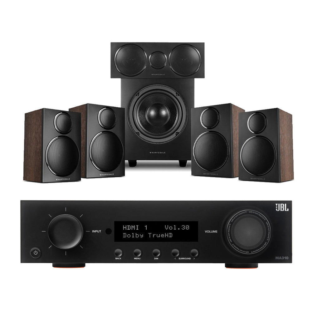 JBL MA310 5.2ch 4K AV Receiver with Wharfedale DX3 HCP 5.1 Walnut Speaker Package