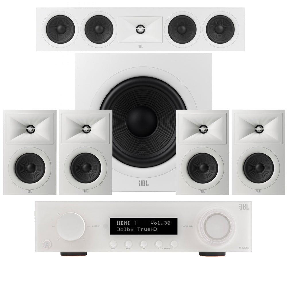 JBL MA510 5.2ch 8K AV Receiver with JBL Stage 250B 5.1 Speaker Package White