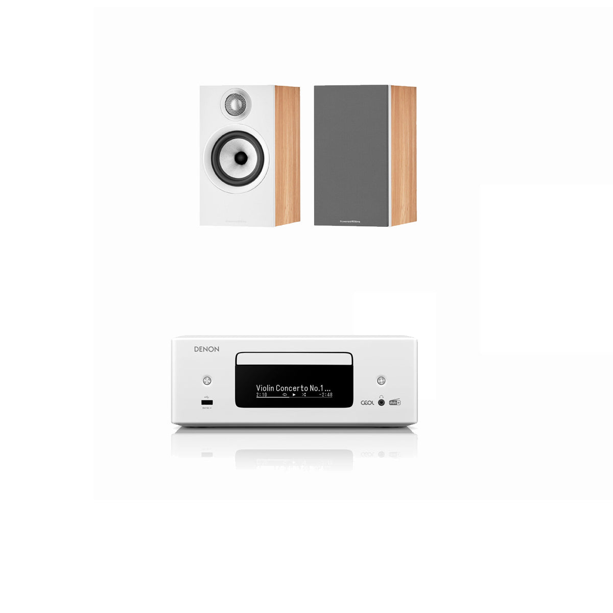 Denon CEOL RCD-N12 DAB+ Hi-Fi System White with Bowers & Wilkins 606 S3 Speakers Pair Oak