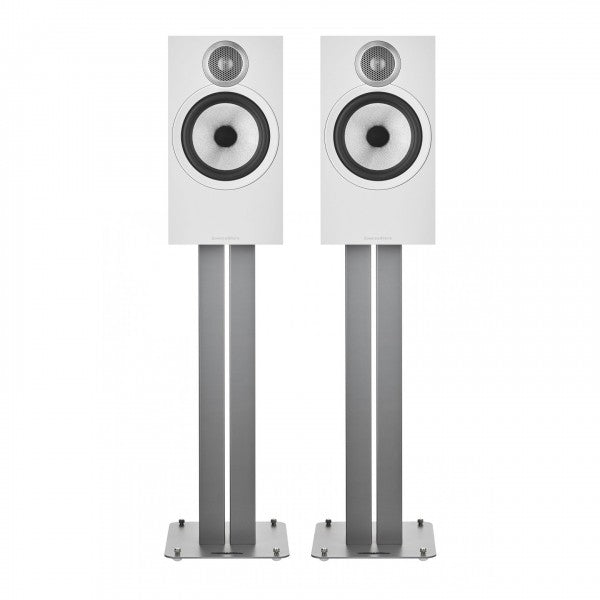 Bowers & Wilkins 606 S3 Bookshelf Speakers White with FS-600 S3 Silver Stands