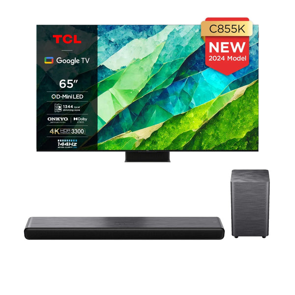 TCL 65C855K 65 Inch C855K 4K UHD HDR QLED Mini LED Smart Google TV and S55H S Class 2.1ch Dolby Atmos Soundbar with Wireless Subwoofer Bundle 2024