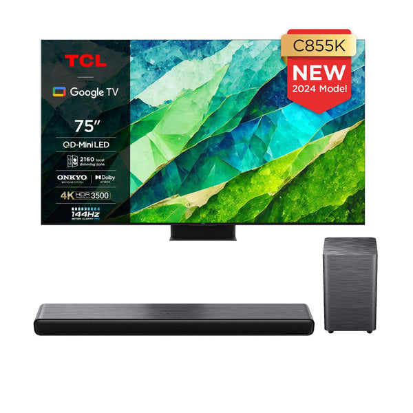 TCL 75C855K 75 Inch C855K 4K UHD HDR QLED Mini LED Smart Google TV and S55H S Class 2.1ch Dolby Atmos Soundbar with Wireless Subwoofer Bundle 2024