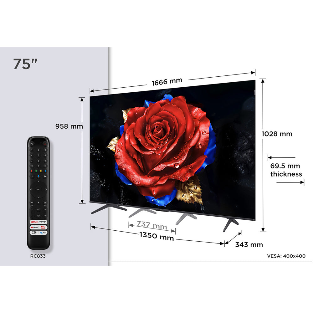 TCL 75T8C-UK 75 Inch T8C 4K QLED Ultra HD HDR Smart Google TV with 144Hz Motion Clarity Pro and Onkyo 2.1 sound 2025