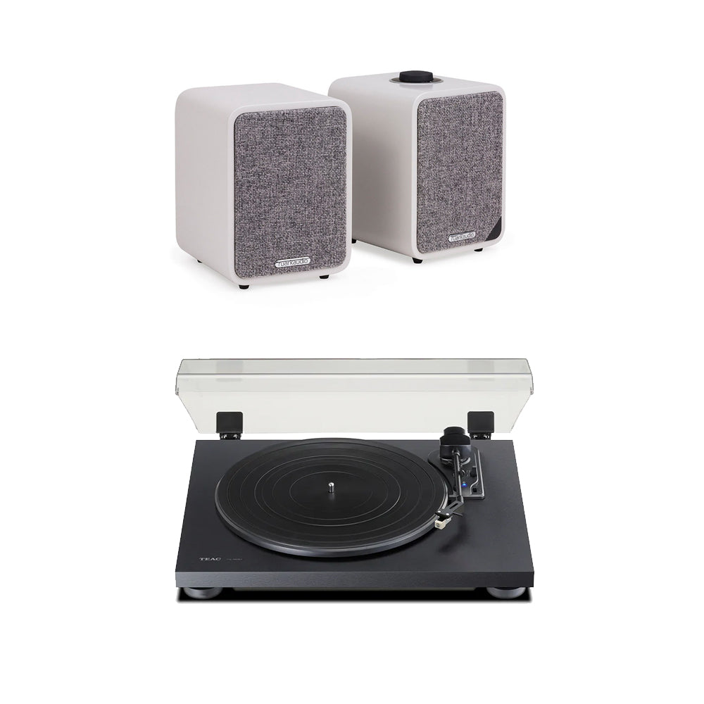 Teac TN-180BT-A3 Bluetooth Turntable Black with Ruark MR1 MK2 Active Bluetooth Speakers Pair Soft Grey