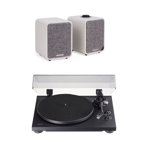 Teac TN-280BT-A3 Bluetooth Turntable Black with Ruark MR1 MK2 Active Bluetooth Speakers Pair Soft Grey