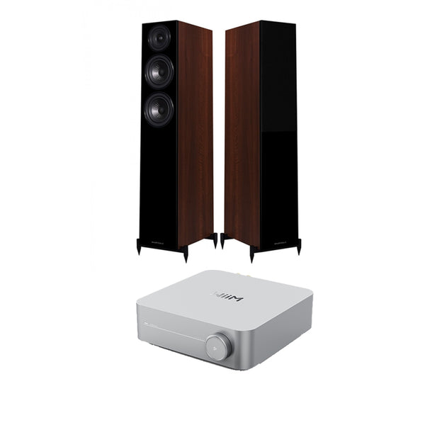 Wiim Amp Silver with Wharfedale Diamond 12.3 Floorstanding Speakers Pair Package Walnut