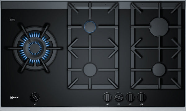 Neff T29TS79N0 90cm Black Ceramic Glass Gas Hob - Black/Stainless Steel Top Trim