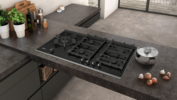 Neff T29TS79N0 90cm Black Ceramic Glass Gas Hob - Black/Stainless Steel Top Trim